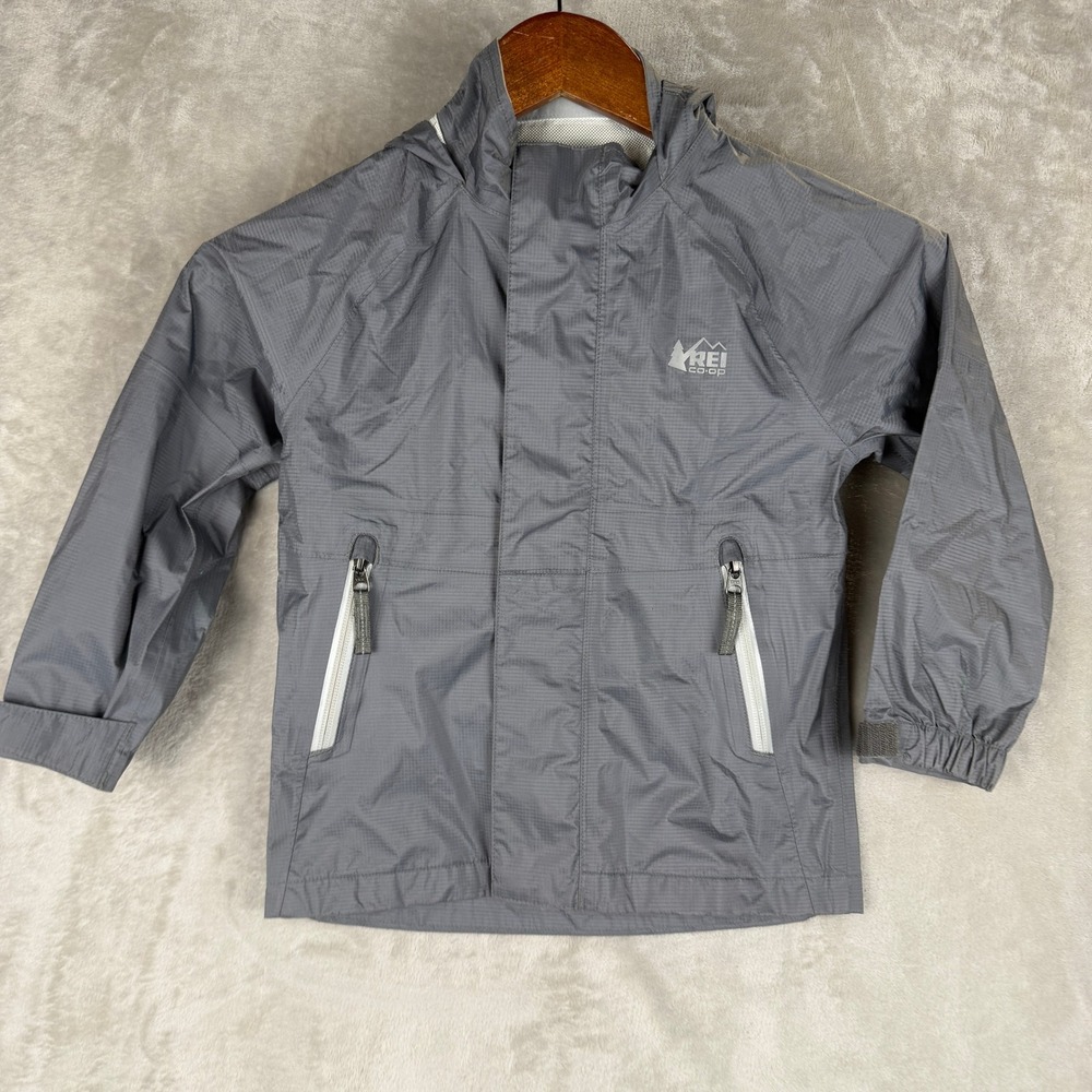 REI Co-op Kids XXS 4-5 Gray Ripstop Hooded Rain Jacket Windbreaker Reflective